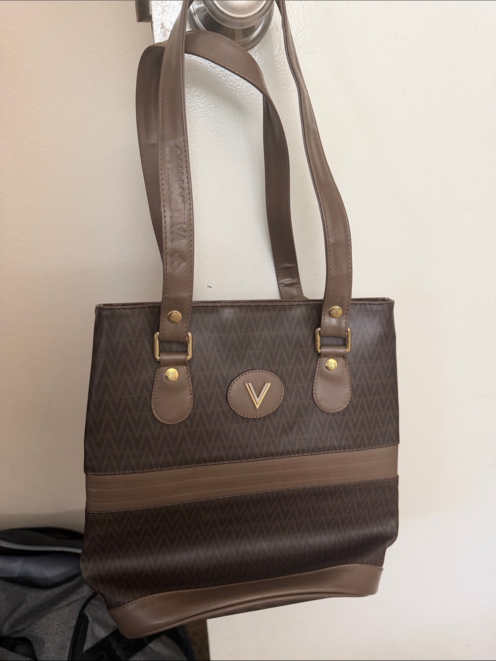 Mario Valentino Brown Patterned Tote with Gold V Accent - Women's Shoulder Bag